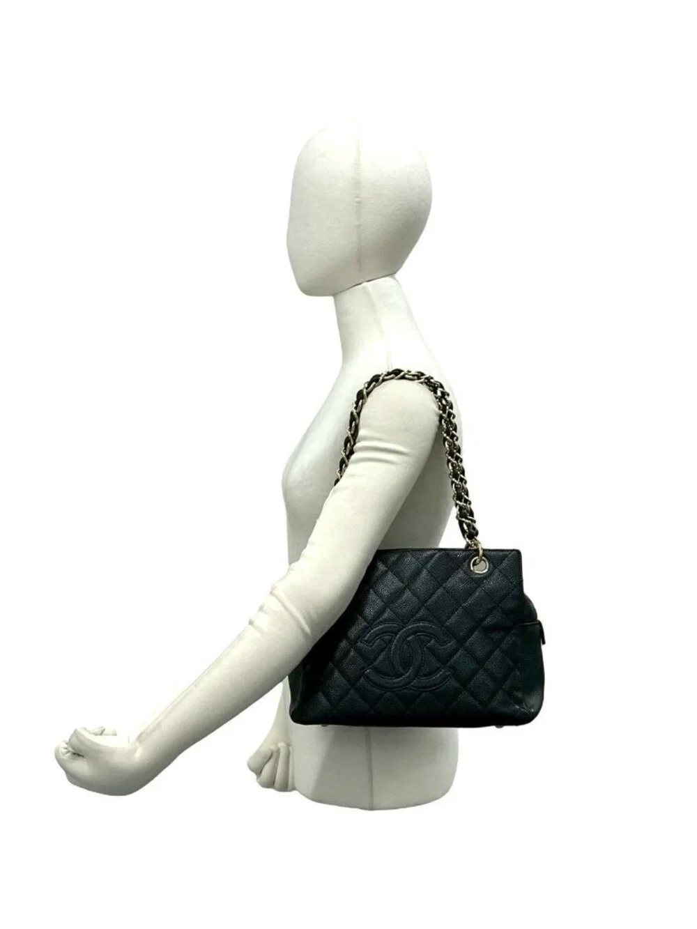 Chanel Quilted CC Logo Caviar Leather Shoulder Bag Tote Black